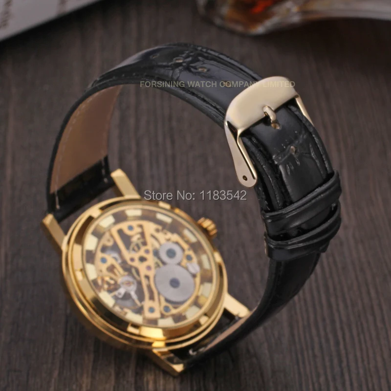 Мужские механические наручные часы Winner черный кожаный ремешок высокое качество