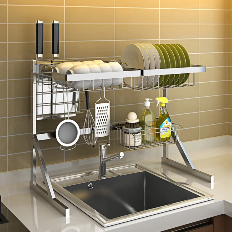 

Multi-use Storage Shelf Dish Rack Dinnerware Organizer Tableware Drying Rack Sink Sponge Kitchen Cup Holder Movable Hook