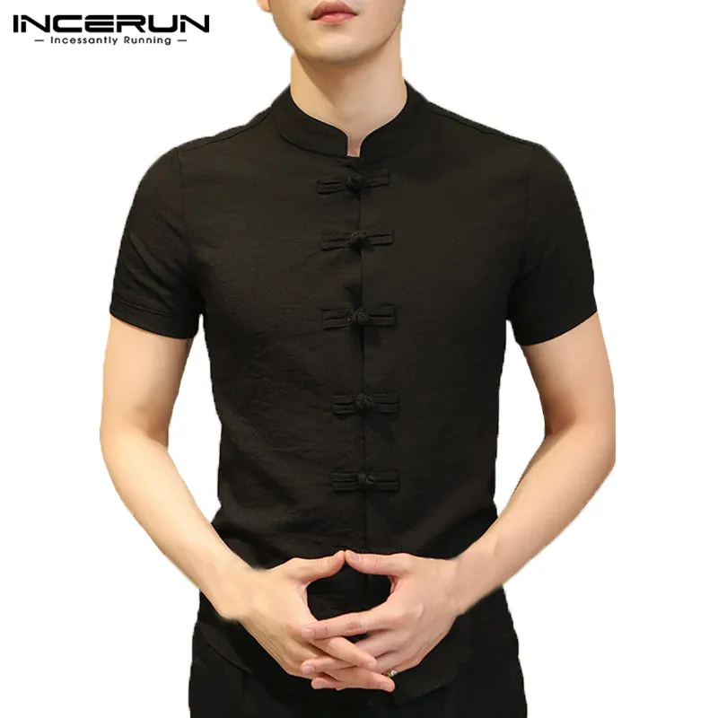 Black Shirt INCERUN Традиционный китайский стиль рубашка мужская с коротким рукавом винтажная рубашка сплошной цвет облегающий Повседневный Мужская Повседневная рубашка - Цвет: Black Shirt