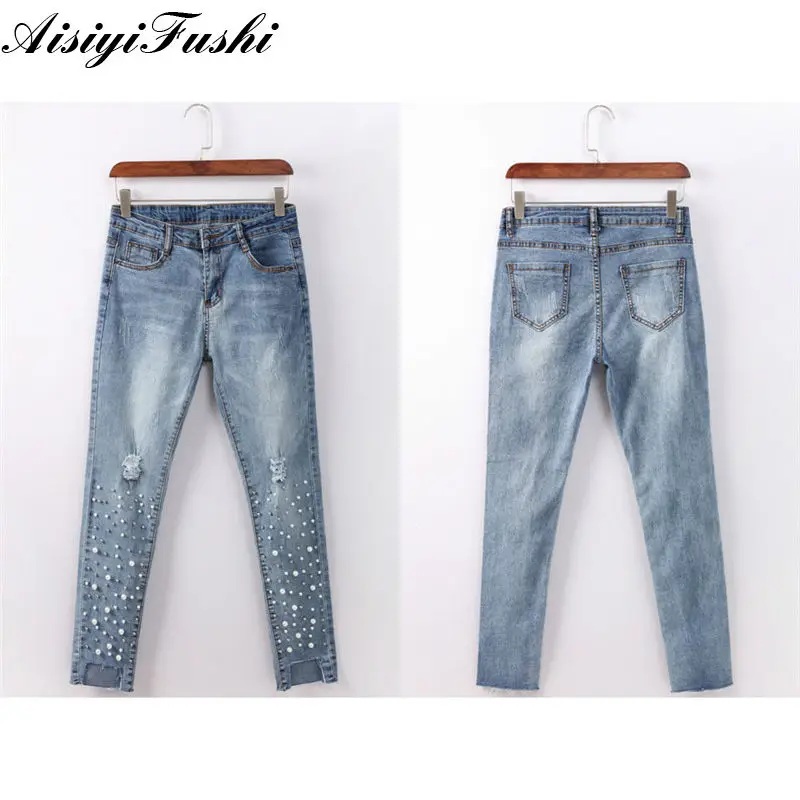джинсы женские Рваные Capris Jeggings Тощий Эластичный Дамы джинсовой жемчуг кисточки