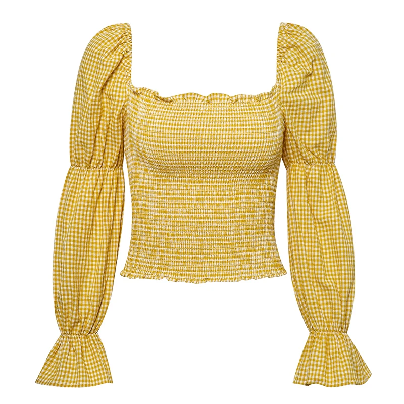 Melegant Yellow Plaid Vintage Blouse Women Ruffle Twist Sexy Feminino Shirts Loose High Fashion Girls Blusa Mujer |