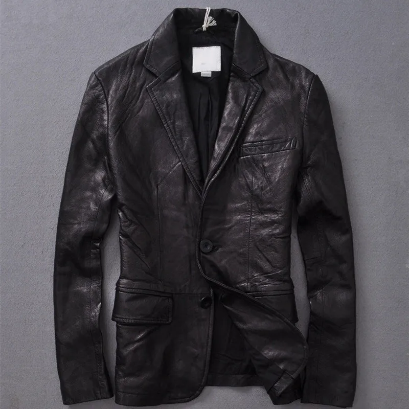 Мужской облегающий костюм из натуральной кожи черный коричневый однобортный