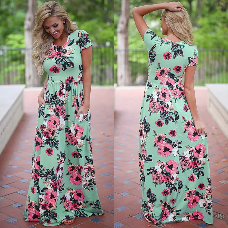 Женское летнее длинное платье макси с цветочным принтом 2019 Boho Пляжное коротким