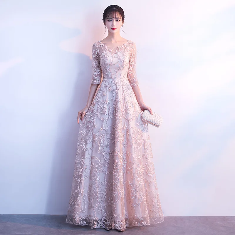 New Evening Dresses Long Formal Elegant A-Line Plus Size Half Sleeve Fashion Lace Wedding Guest Dress Party Gown Vestidos ES1573