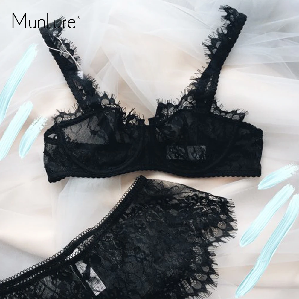 Munllure Elegant Eyelash Lace Bra Set Women Sexy Fashion Thin Transparent Underwear Perspectivity Plus Size Panties 2017|bra set|fashion bra setbra