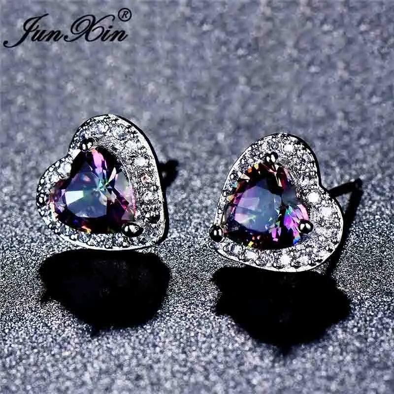 Rainbow Stud Earring JUNXIN мистический огненный камень, Разноцветные серьги-гвоздики в форме сердца для женщин, 925 пробы, заполненные серебром, фиолетовые радужные циркониевые серьги - Окраска металла: Rainbow Stud Earring