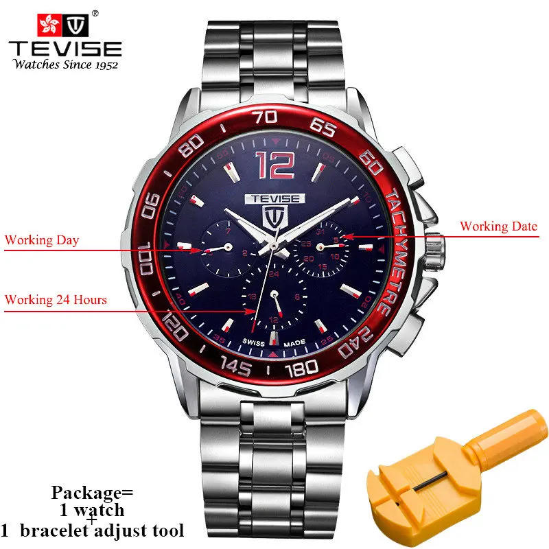 silver black red Автоматические механические мужские часы TEVISE с автоматической датой, месяцем и неделей, светящиеся аналоговые наручные часы из нержавеющей стали 356 - Цвет: silver black red