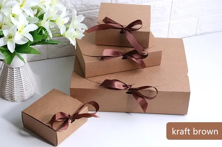 kraft borwn Красный/синий/черный/белый/крафт-бумага подарочная коробка с лентой пакет Свадебная вечеринка коробки для конфет несколько размеров - Цвет: kraft borwn