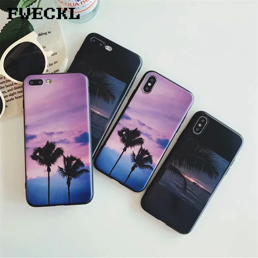 Красивый закат Фиолетовый облака чехол для iPhone 7 кокосовых пальм картина Soft