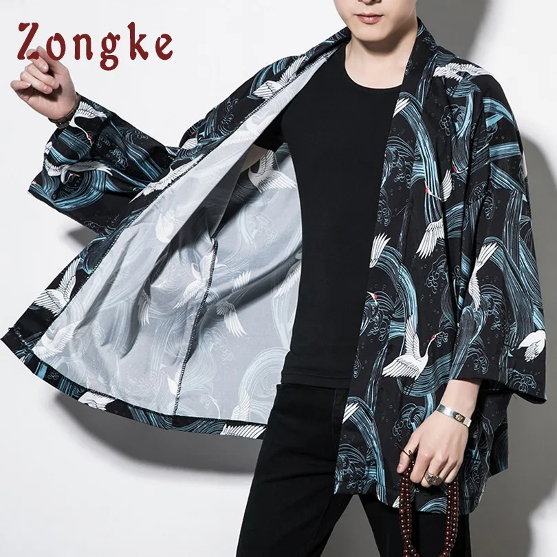 Black Zongke китайский Стиль кимоно, кардиган, Для мужчин кран печатных черный кимоно, кардиган, Для мужчин Повседневное кимоно куртка Для мужчин лето - Цвет: Black