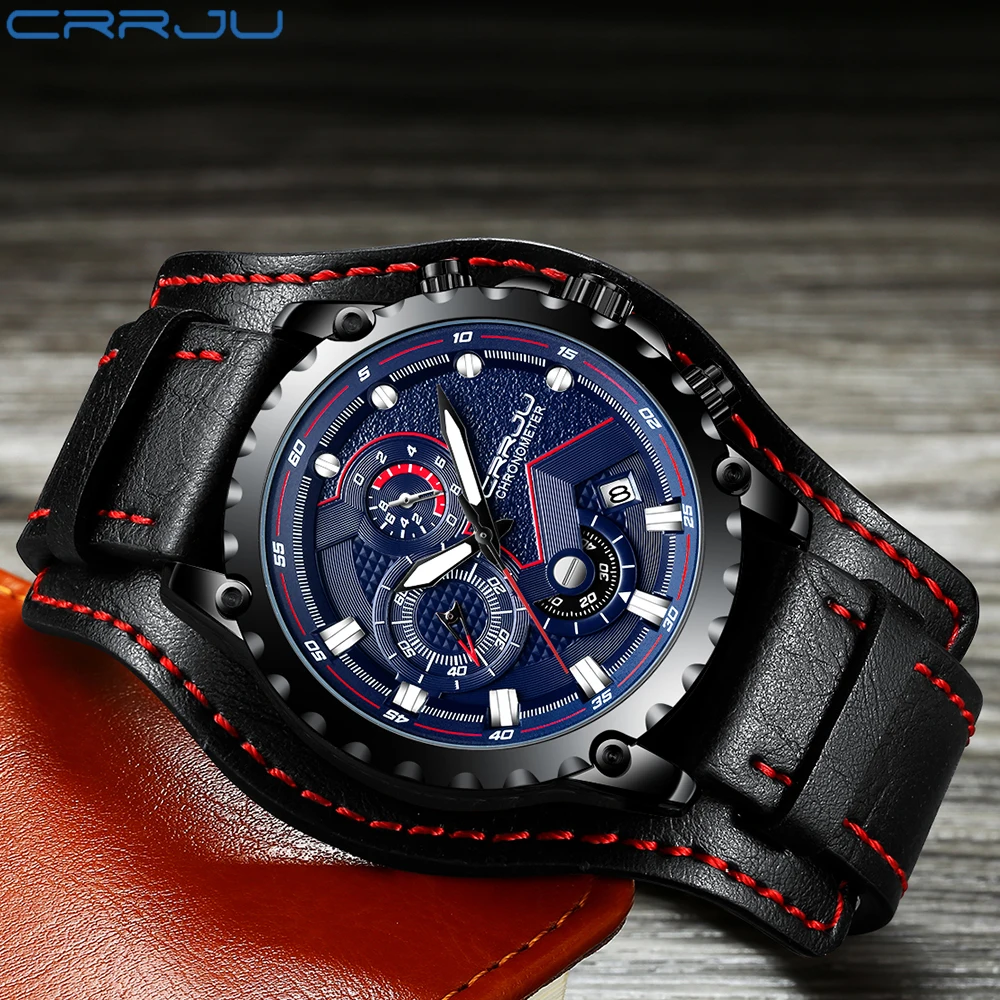 

CRRJU Chronograph Leather Wristwatches Men's Sport Luminous Watch Men Top Brand Luxury Men's Watch Military Multifunction Clock