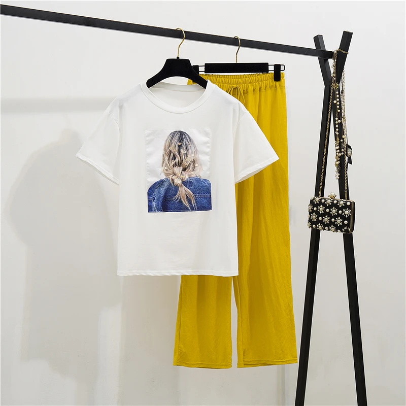 

summer wear new printing round collar short sleeve T-shirt of tall waist white casual wide-legged pants two-piece clothing set