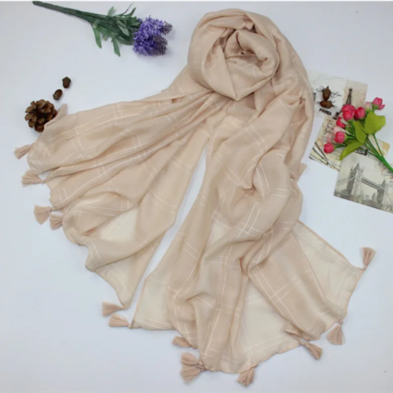 Новый принт чистый цвет двусторонняя сетка кисточки мусульманский хиджаб шарф