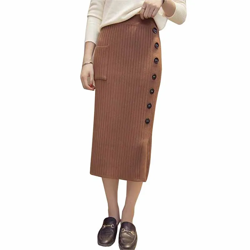 

Осень-зима 2018, длинная юбка для женщин, вязаные юбки с высокой талией, Женская однобортная юбка-свитер с карманами, облегающая юбка на бедрах
