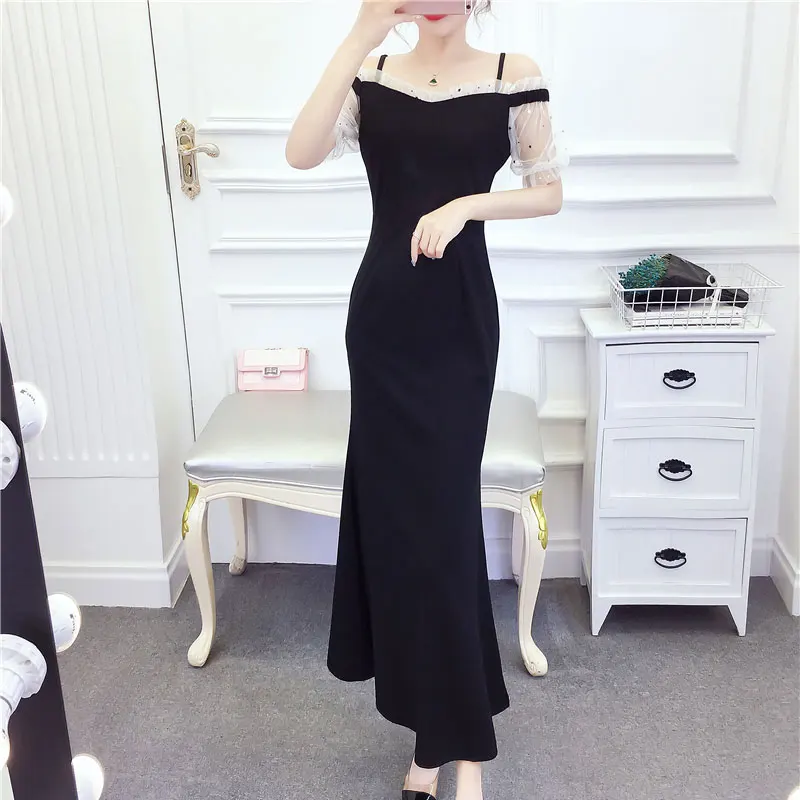 Корея 2019 Лето Новое модное с лямками звезды блестки сетки сшивание длинное