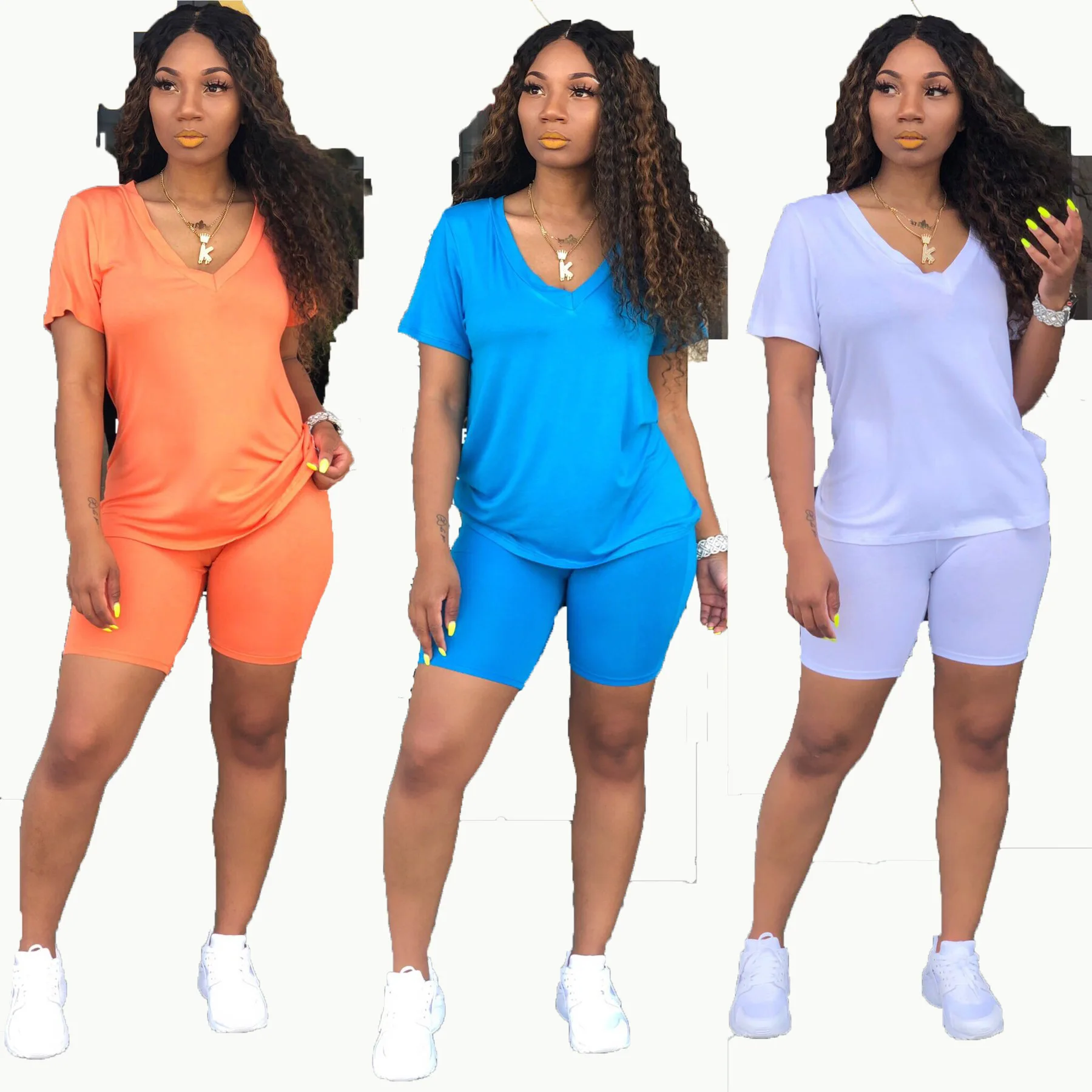 Simple sportswear Vneck short sleeved regular tshirt with straight tight shorts solid color knitted 2piece set H6073 three color euro american simple round necked short sleeved chic port flavored elastic knitted dress with tight body and buttocks