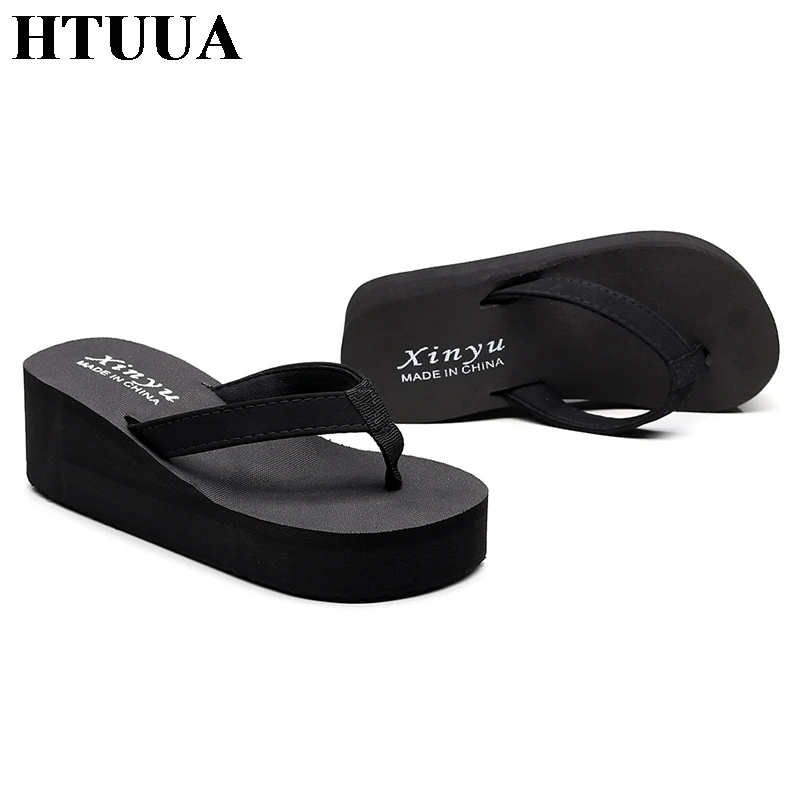 Шлепанцы HTUUA 2019 женские на танкетке повседневные пляжные сандалии шлепанцы