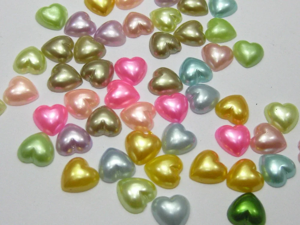 

200 Mixed Color Heart Half Pearl Bead 10X10mm Flat Back Scrapbook Craft