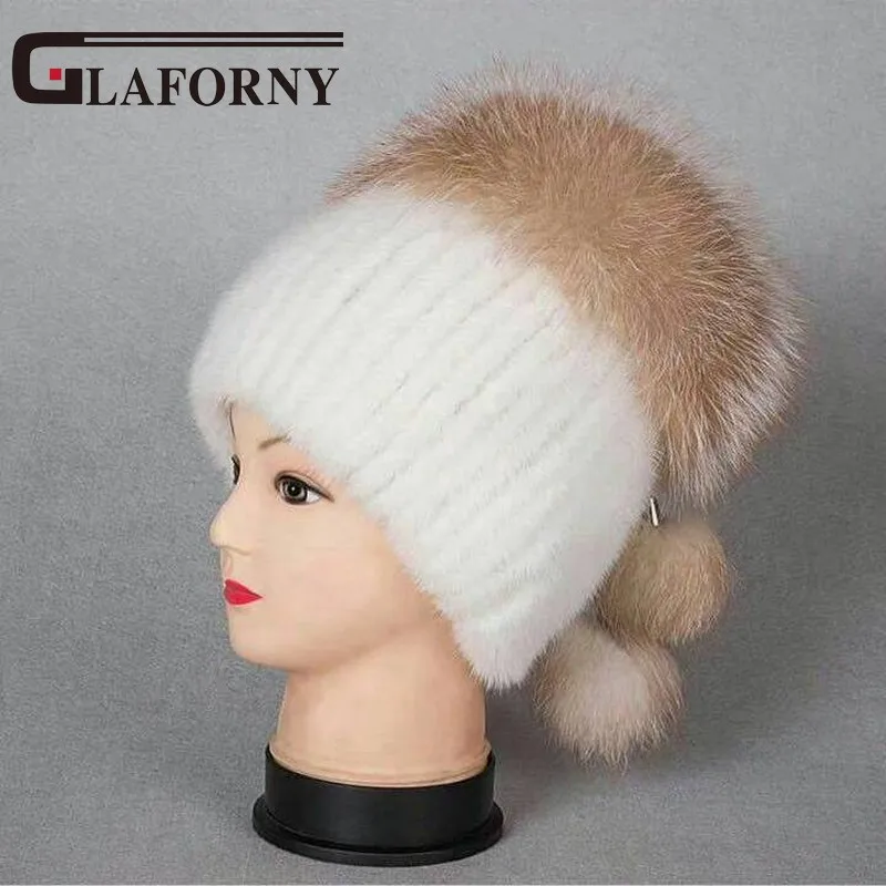 Glaforny Новое поступление Для женщин норки Шапки с лисьим мехом Топы натуральной белой норки шапки натуральный мех шапочки