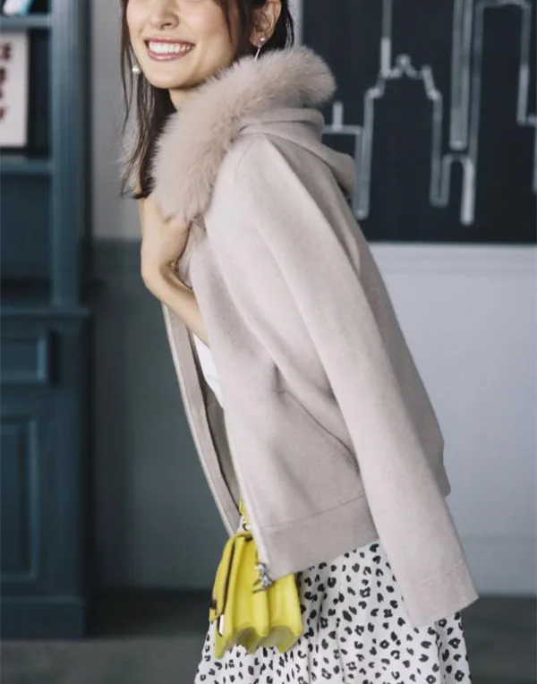 classic real fox fur hooded collar women fashion zip-up sweatshirts coat wool rabbit hair blend knitted one size