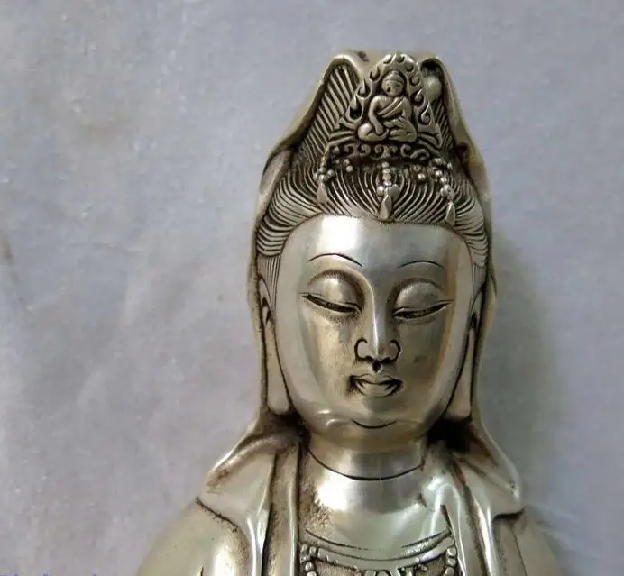 17 &quotКитай Серебро буддизм богиней Гуаньинь чистая бутылка Будды Скульптура
