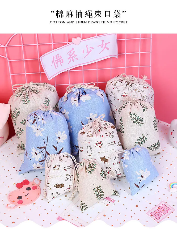 Мультфильм белье хлопок Drawstring сумка 28x26 23x18 15x12 см мини прекрасный кот Для женщин Сумка дорожная домашнего хранения подарочная упаковка для ювелирных изделий сумка