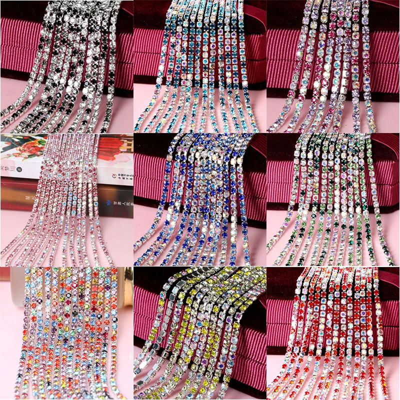 

Mix Color 1yard/Piece 17Colors Glass Crystal Rhinestone Chain,Silver Bottom Sew on Cup Chains For Diy Garment Bags Decorations
