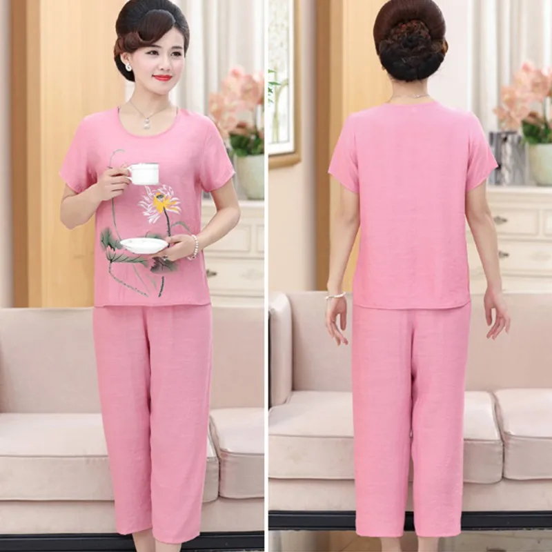 Женский хлопок и лен с принтом Свободная рубашка коротким рукавом широкие брюки