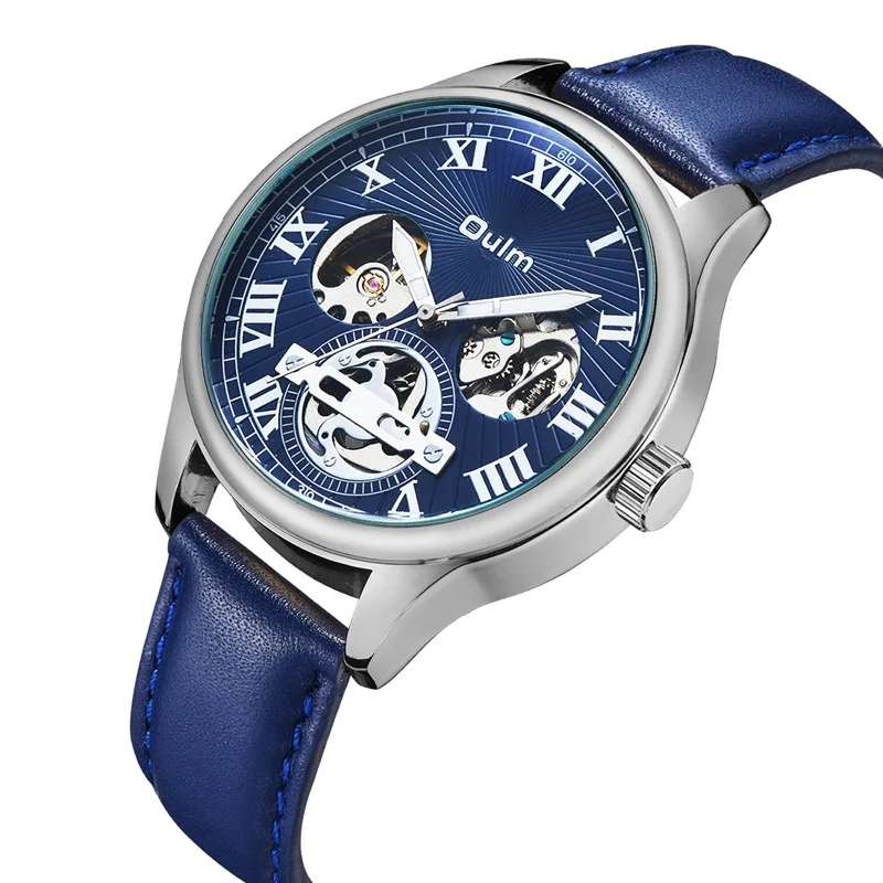 Мужские деловые автоматические механические часы Oulm с кожаным ремешком ажурным