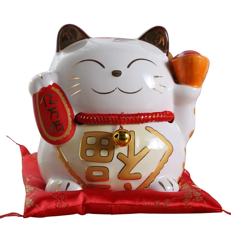 10 Inches Lucky Cat Piggy Bank Fortune Cat Feng Shui Craft Maneki Neko Ceramic Cat Money Box Home Decoration Accessories R1955