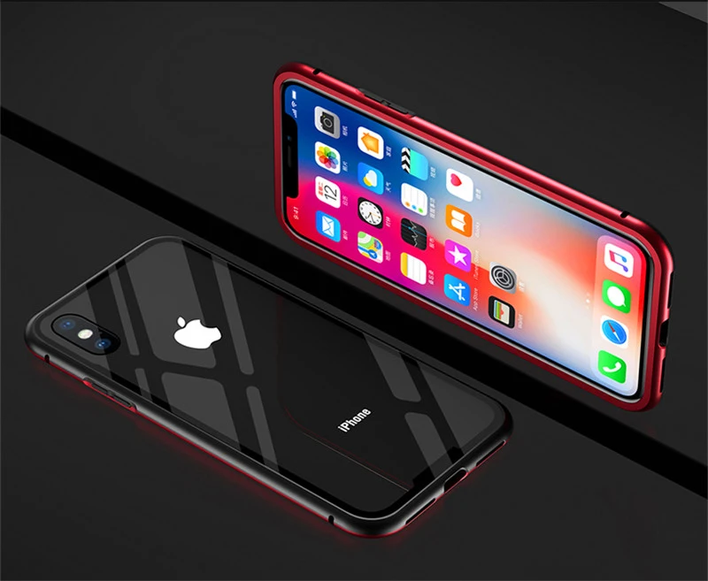 Магнитный адсорбционный чехол для IPhone X прозрачное закаленное стекло +