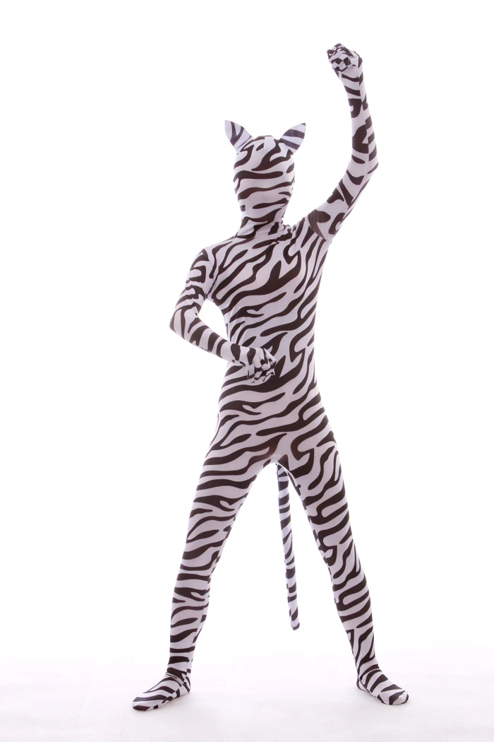 Mandy Adult Spandex Lycra Unisex Zebra Print Animal Full Body Zentai Suit with Ear and Tail Skin Tight Unitard Costume | Тематическая