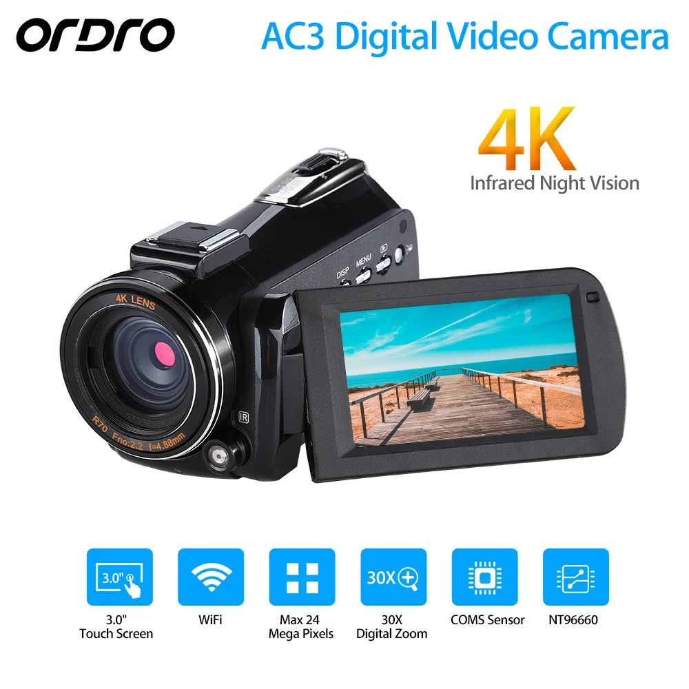 ORDRO обновленный AC3 4K Горячий башмак wifi цифровая камера HDMI 24MP инфракрасное ночное