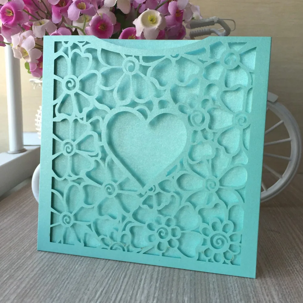 

100pcs Shimmer paper Pocket Laser Cut Heart Wedding Invitations Card Bridal Shower Birthday Invitation card Greeting card