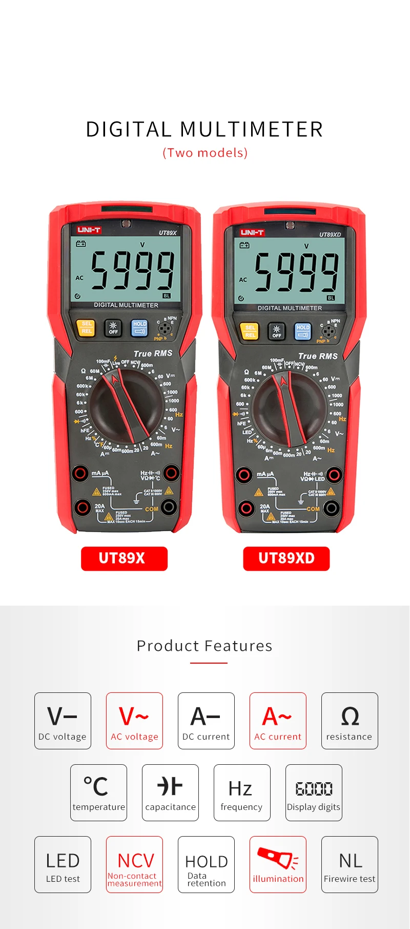 UNI-T UT89X/UT89XD true RMS цифровой мультиметр; 20A Высокоточный цифровой мультиметр, NCV/конденсатор/Триод/температурный тест