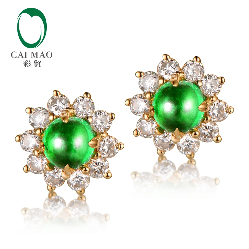 CaiMao классический ретро 0.26ct натуральный 3 мм кабошон изумруд и 0.16ct АЛМАЗ 14 K желтое золото серьги-гвоздики