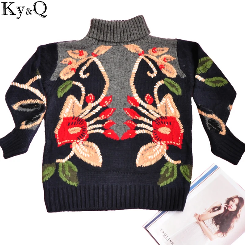 2022 Spring Women Thick Sweaters Turtleneck Neck Knitted Pullovers Christmas Female Runway Embroidery floral Jumper Clothing | Женская