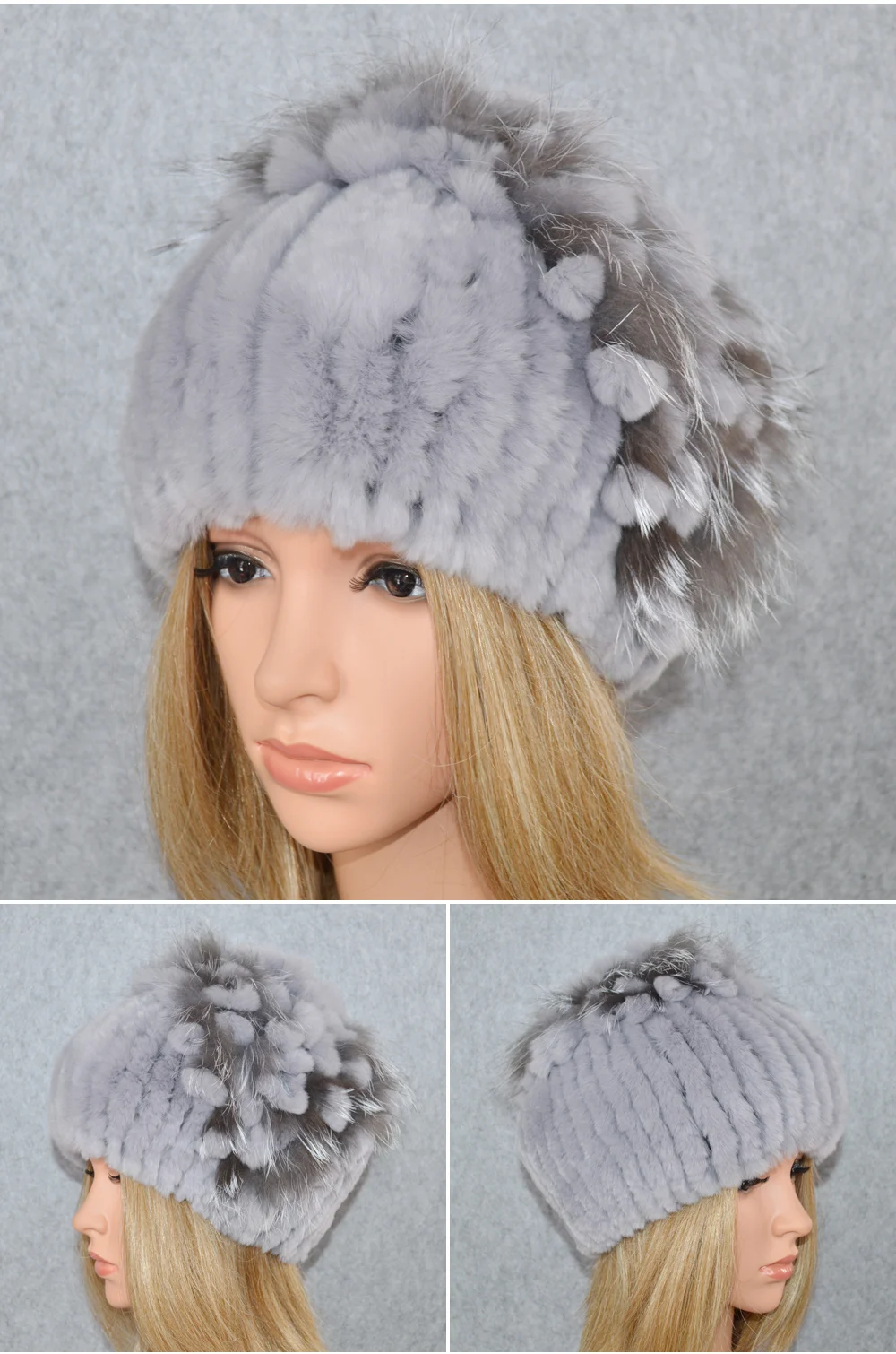 Эластичный женский Настоящий мех кролика Skullies шапки Роскошные вязаные цветы натуральная шапка из меха кролика рекс зимние натуральный мех шапочки