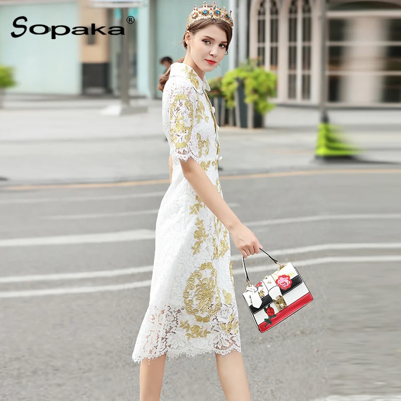 2018 весеннее белое кружевное Золотое цветочное вышитое женское платье с коротким