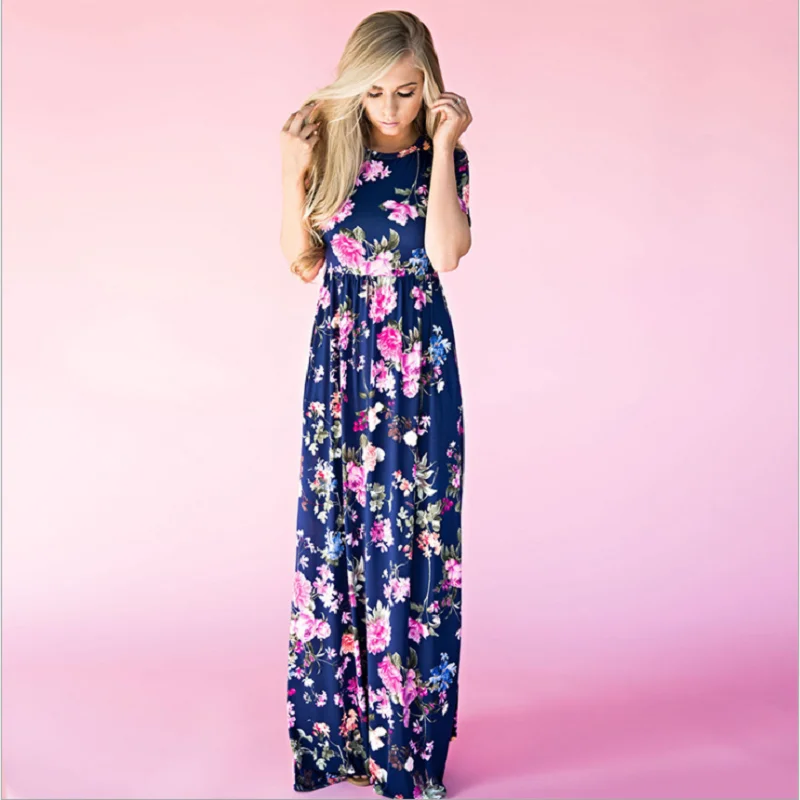 

Women Floral Print Bohemia Long Dress Women Short Sleeve O Neck Beach Boho Long Loose Dress Maxi Vestido Plus Size party dress