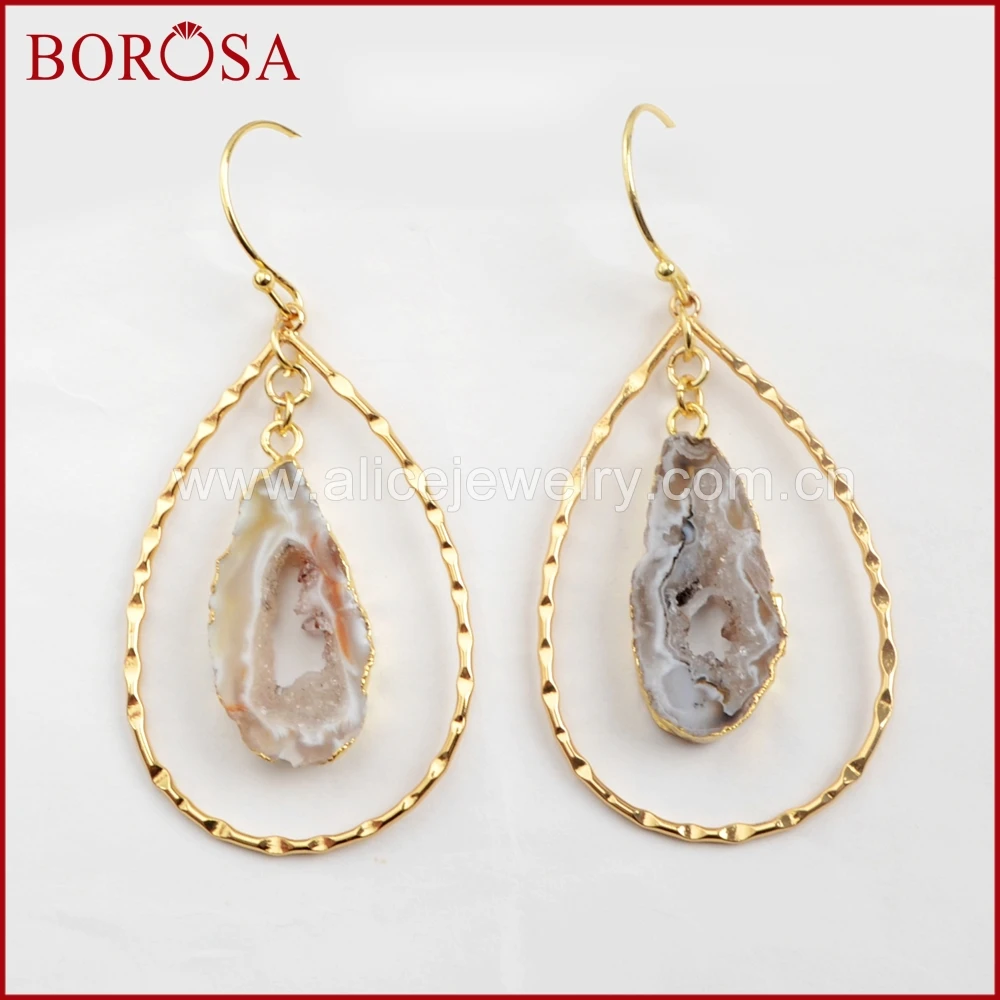 

BOROSA Design 5Pairs Gold Color Agates Druzy Slice Teardrop Dangle Earring Natural Drusy Stone Charm Earrings Jewelry G1581