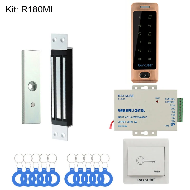 RAYKUBE DIY система контроля доступа набор с RFID сенсорной клавиатурой+ Электронные дверные замки+ кнопка выхода+ блок питания+ RFID ключи - Цвет: 180MI