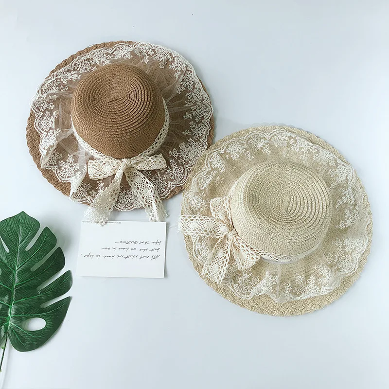 Lace Princess Panama Children Hats Bow Beach Baby Cap for Girls Straw Girl Hat Summer Kids Caps 1PC | Детская одежда и обувь