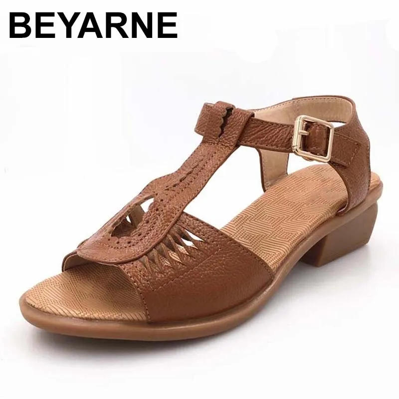 

BEYARNE female sandals 2018 summer new roman genuine leather women's sandals non-slip soft comfortable cowhide big yards sandal