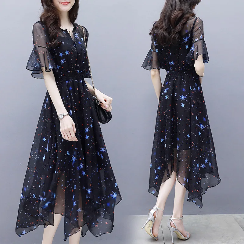 

Summer Women New Plus Size Dress Ladies Flare Sleeve Asymmetricai Star Print Chiffon Maxi Dress