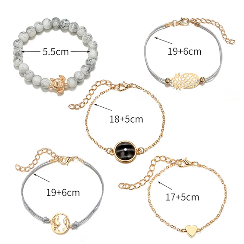 5 Pcs/Set Bohemian Turtle Pineapple Heart Map Charm Bangles For Women Fashion Beads Strand Bracelets Sets Jewelry Gifts | Украшения и
