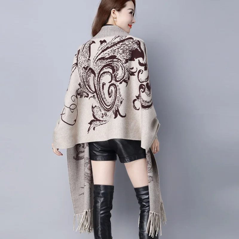 Women's Elegant Loose Tassel Bat Sleeve Autumn Winter Cashmere Knitted Cardigan Sweater Scarf Cape Outwear |