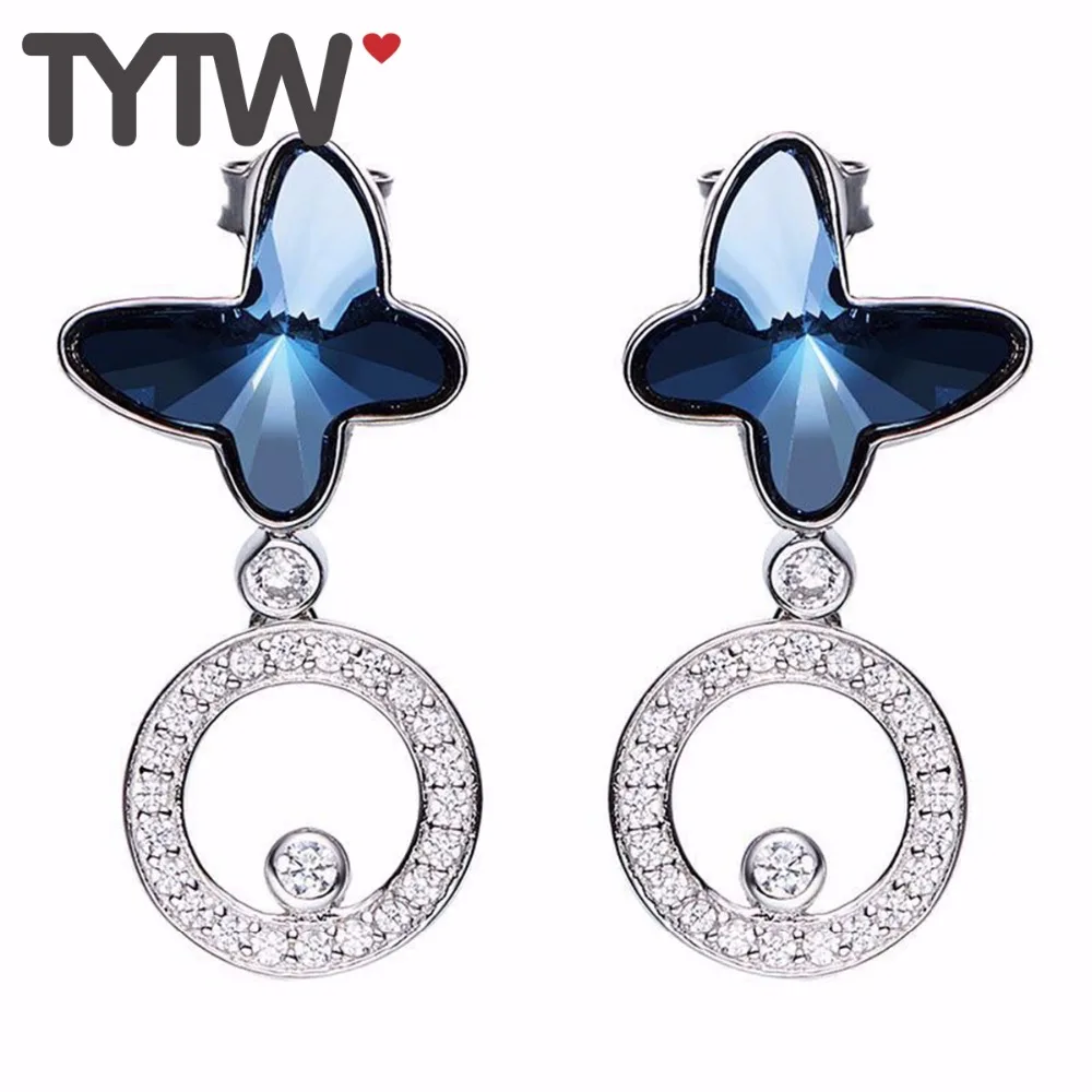 TYTW 925 Sterling Silver Dazzling Stud Earring Crystals form Austrian Blue Fashion Women Butterfly Earrings Chic Jewelry | Украшения и
