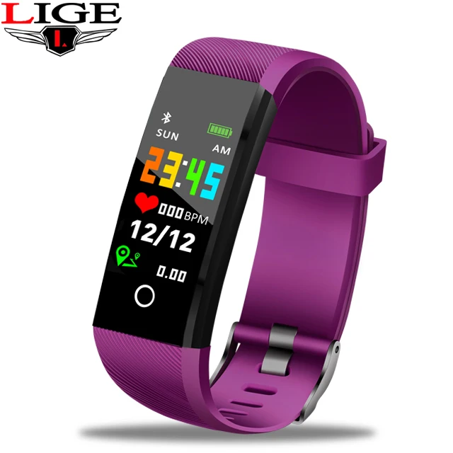 purple LIGE, новинка, фитнес-трекер, спортивный умный Браслет, IP67, водонепроницаемые часы, пульсометр, шагомер, умный Браслет для Android ios - Цвет: purple