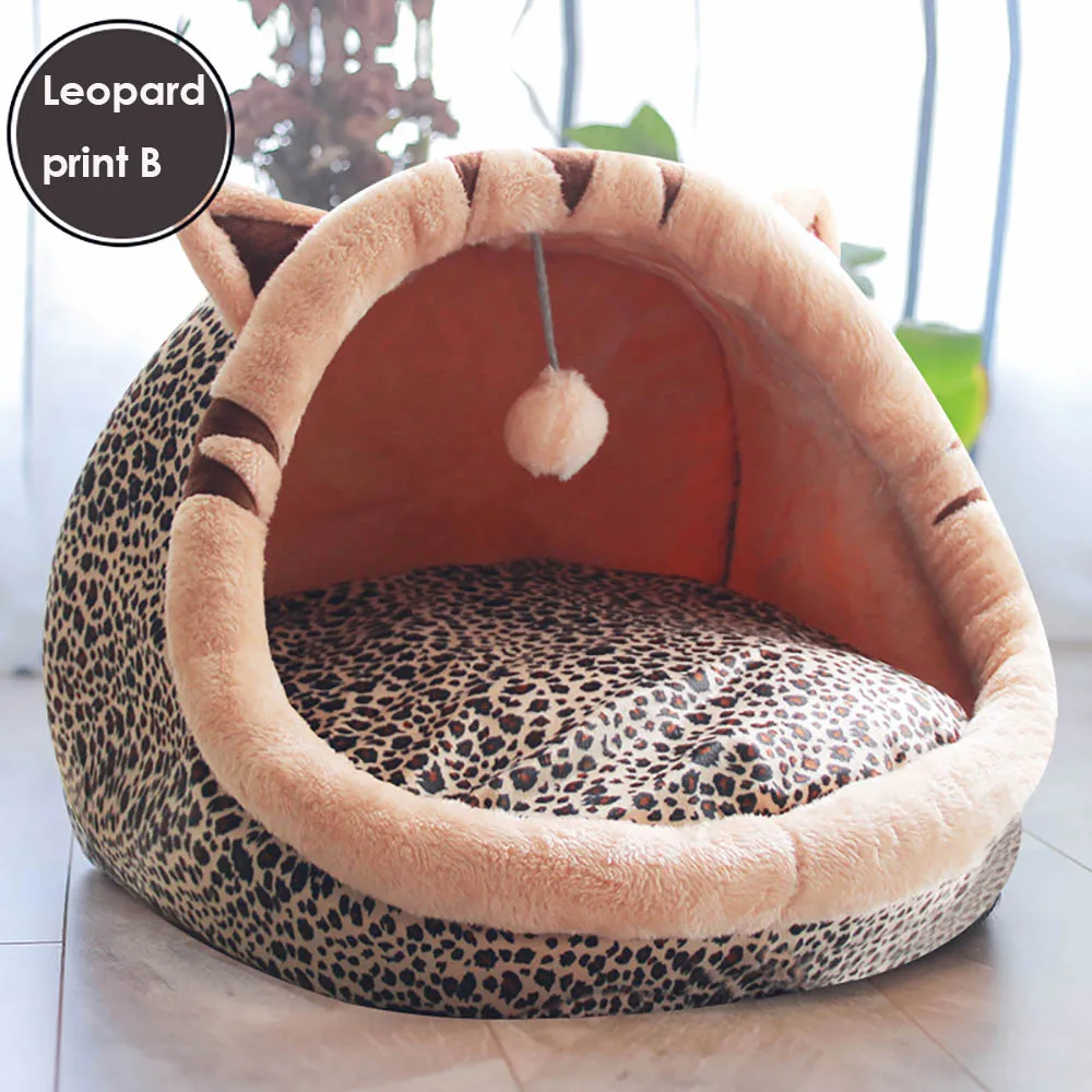 Leopard print B Милый Кот Мягкий домик для домашних животных кошки кровать теплое гнездо для маленьких собак спальный моющийся коврик Домашние животные складные домики щенок котенок кровать продукт - Цвет: Leopard print B